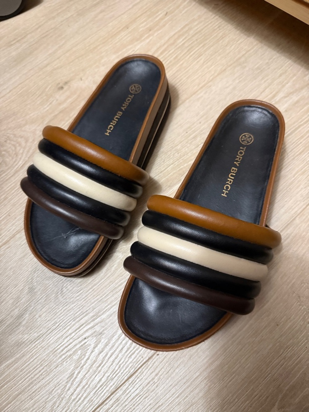 Tory Burch Brown Black Cream Multi-Strip Slide Mules